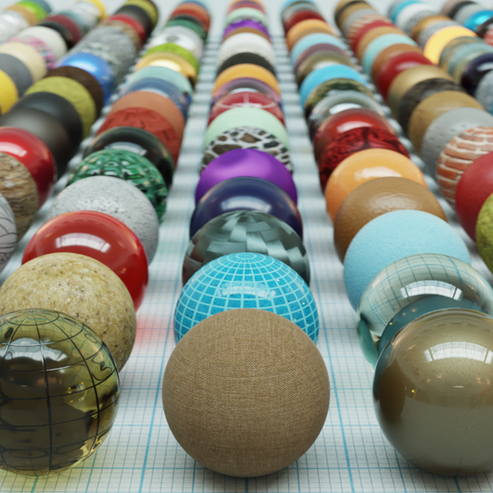3D spheres showing the various material options available in V-Ray 5