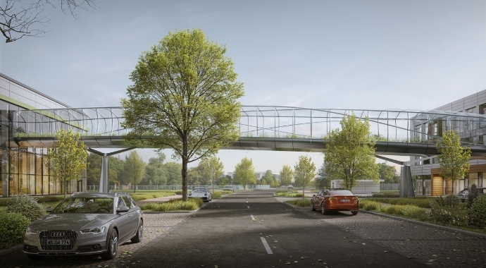 A visualization of a walkway bridge stretching over a road